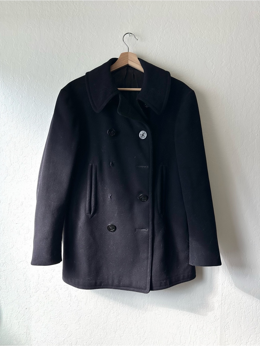 Antique 1940s ww2 black wool double breasted naval clothing factory pea coat
